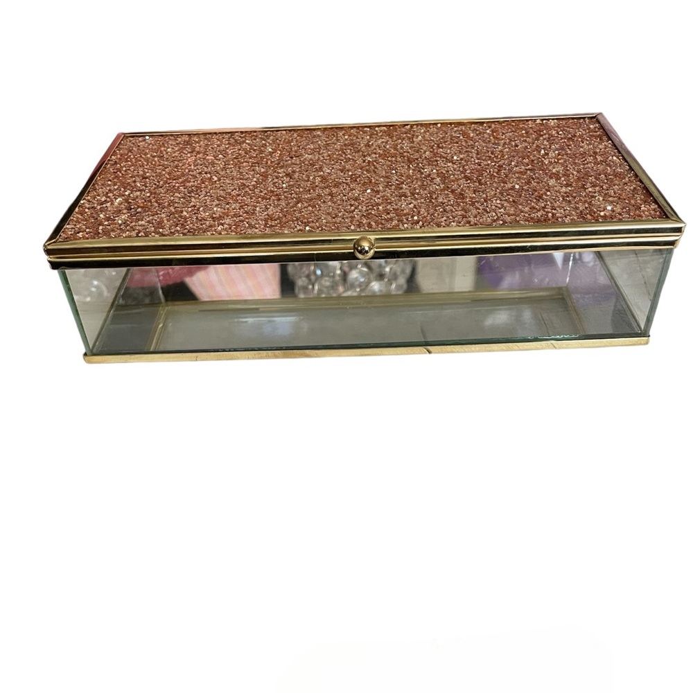NWOT Sagebrook 8” pink glitter hinge top jewelry box with gold edging